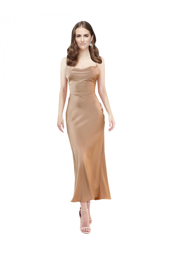 Open Back Rose Gold Silk like Satin Cowl Neck Midi Length Sleeveless Formal Evening Gown / Prom Dress / Bridesmaid Dress Southampton
