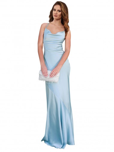 Open Back Light Sky Blue Silk like Satin Cowl Neck Long Sleeveless Formal Evening Gown / Prom Dress / Bridesmaid Dress Southampton