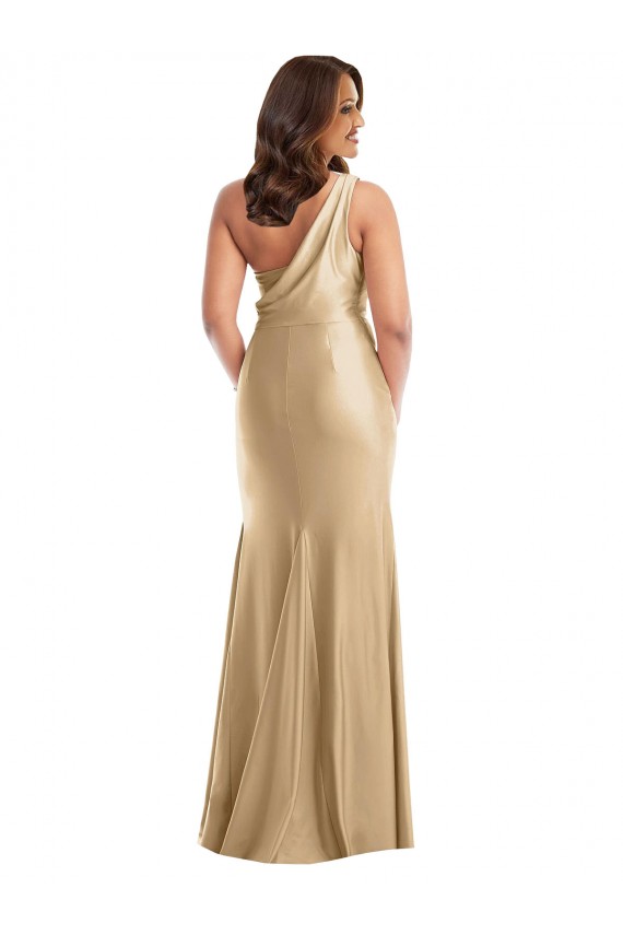 Soft Gold Silk like Satin One Shoulder Long Sleeveless Formal Plus Size Evening Gown / Prom Dress / Bridesmaid Dress Southampton