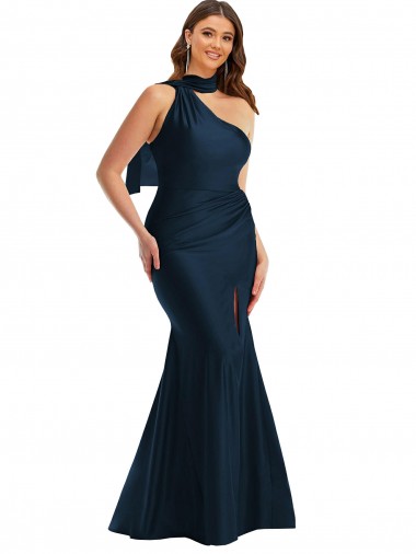 Dark Navy Silk like Satin One Shoulder Long Sleeveless Formal Plus Size Evening Gown / Prom Dress / Bridesmaid Dress Southampton