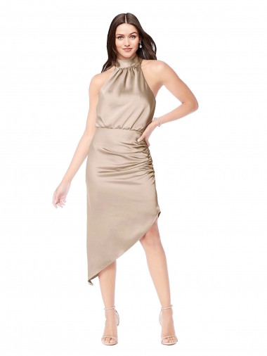 Silk like Satin Halter Neck Midi Length Sleeveless High Low Prom Dress / Bridesmaid Dress Southampton