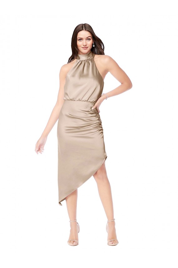 Silk like Satin Halter Neck Midi Length Sleeveless High Low Prom Dress / Bridesmaid Dress Southampton