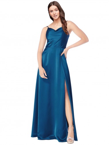 Low Back Peacock Blue Silk like Satin Spaghetti Straps Long Sleeveless Formal Evening Gown / Prom Dress / Bridesmaid Dress Southampton