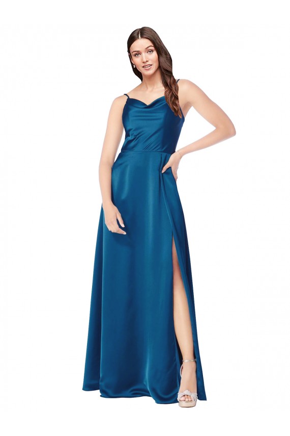 Low Back Peacock Blue Silk like Satin Spaghetti Straps Long Sleeveless Formal Evening Gown / Prom Dress / Bridesmaid Dress Southampton