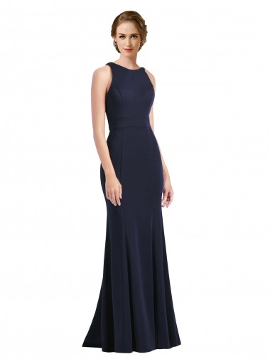 Keyhole Back Stretch Crepe Scoop Neck Long Sleeveless Black Tie Prom Dress / Bridesmaid Dress Southampton