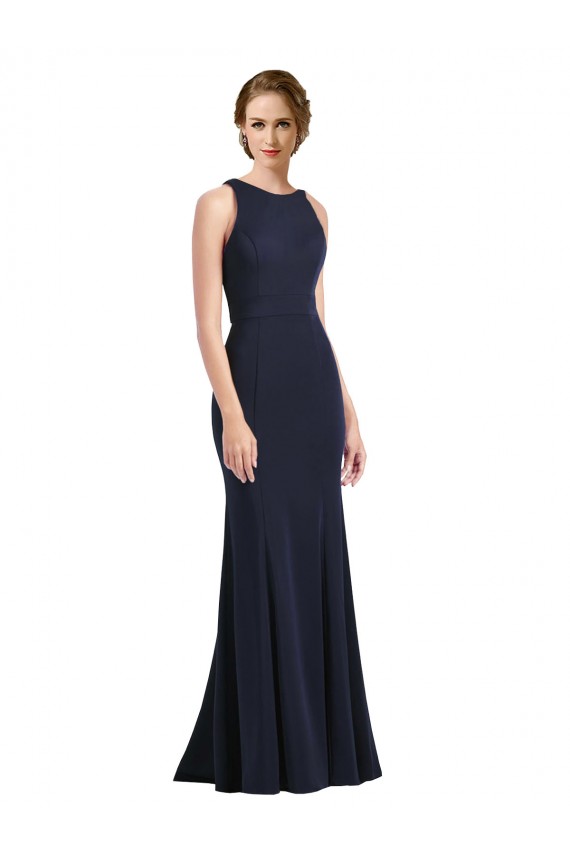 Keyhole Back Stretch Crepe Scoop Neck Long Sleeveless Black Tie Prom Dress / Bridesmaid Dress Southampton