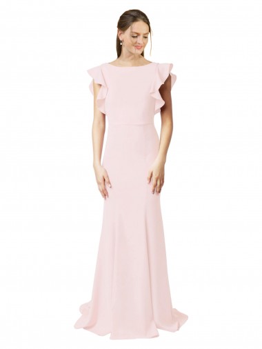 V-Back Stretch Crepe Jewel Neck Sweep Train Ruffle Sleeves Black Tie Prom Dress / Bridesmaid Dress Southampton