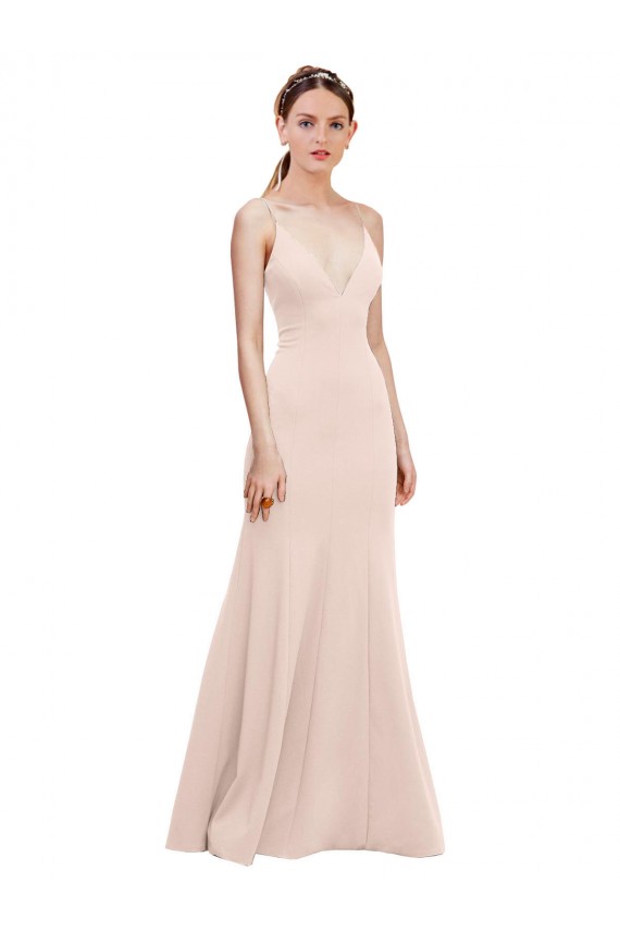 V-Back Pink Stretch Crepe V-Neck Long Sleeveless Formal Dress / Bridesmaid Dress Southampton