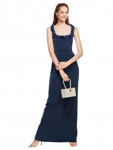 Low Back Dark Navy Stretch Crepe Scoop Neck Long Sleeveless Formal Evening Gown / Prom Dress / Bridesmaid Dress Southampton