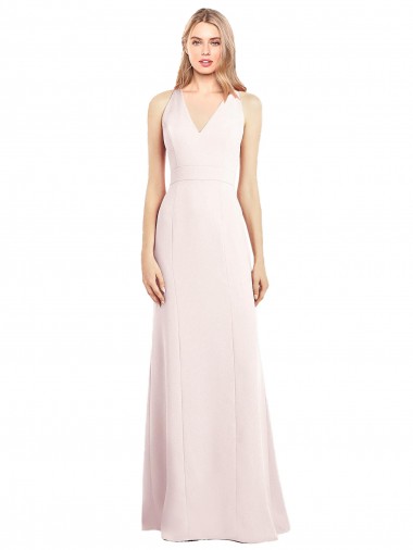 Keyhole Back Pink Stretch Crepe V-Neck Long Sleeveless Semi Formal Evening Dress / Prom Dress / Bridesmaid Dress Southampton