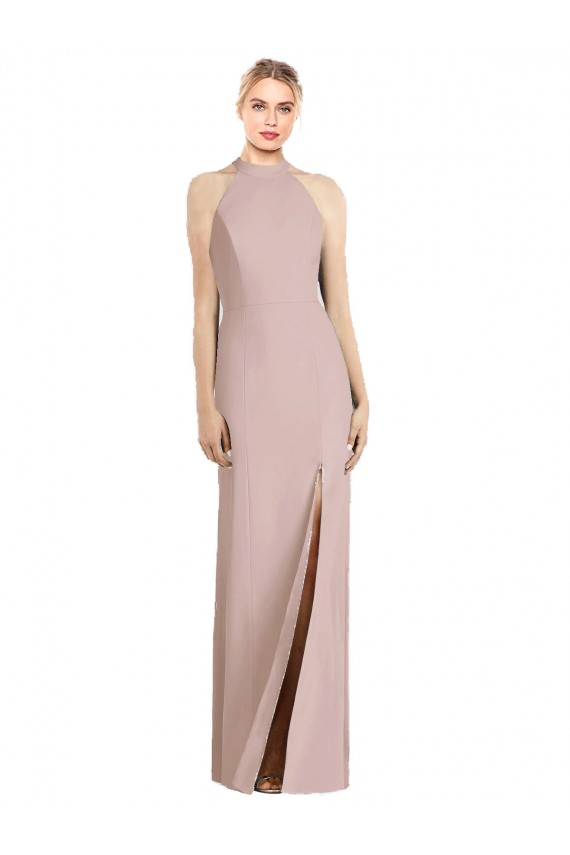 Open Back Dusty Pink Stretch Crepe Halter Neck Long Sleeveless Semi Formal Evening Dress / Bridesmaid Dress Southampton