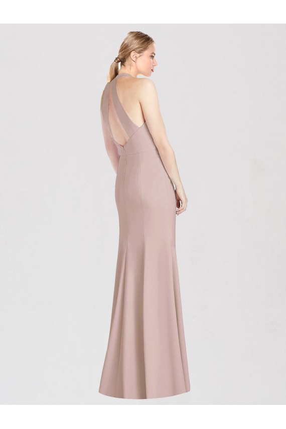 Open Back Dusty Pink Stretch Crepe Halter Neck Long Sleeveless Semi Formal Evening Dress / Bridesmaid Dress Southampton