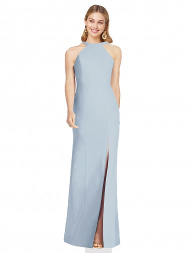 Open Back Light Sky Blue Stretch Crepe Halter Neck Long Sleeveless Formal Evening Gown / Bridesmaid Dress Southampton