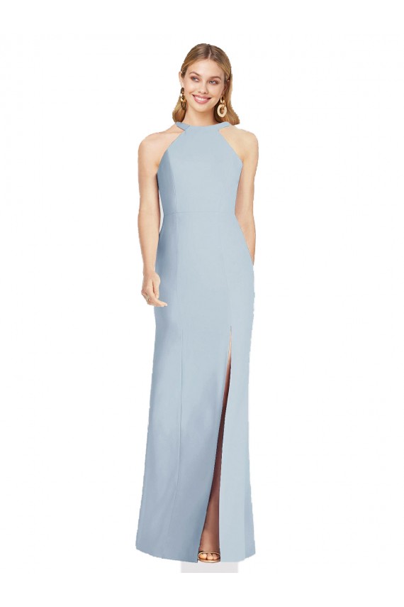 Open Back Light Sky Blue Stretch Crepe Halter Neck Long Sleeveless Formal Evening Gown / Bridesmaid Dress Southampton