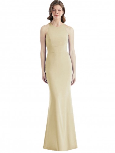 Open Back Champagne Stretch Crepe Bateau Neck Long Sleeveless Semi Formal Evening Dress / Prom Dress / Bridesmaid Dress Southampton