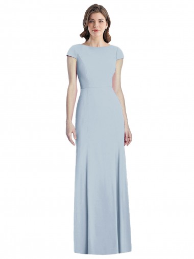 Open Back Light Sky Blue Stretch Crepe Bateau Neck Long Cap Sleeves Formal Dress / Bridesmaid Dress Southampton