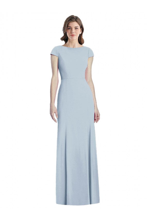Open Back Light Sky Blue Stretch Crepe Bateau Neck Long Cap Sleeves Formal Dress / Bridesmaid Dress Southampton