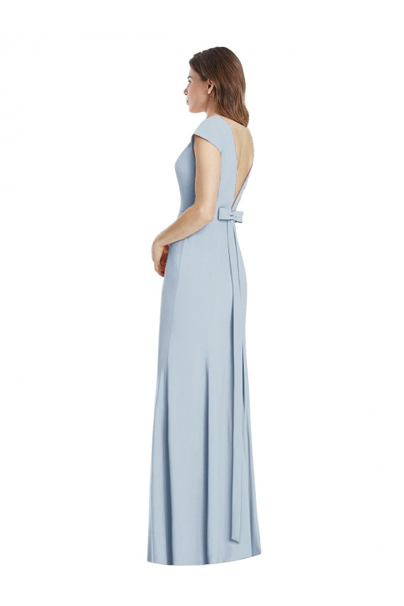 Open Back Light Sky Blue Stretch Crepe Bateau Neck Long Cap Sleeves Formal Dress / Bridesmaid Dress Southampton
