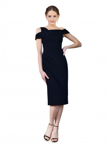Dark Navy Stretch Crepe Off the Shoulder Cocktail Length Sleeveless Formal Evening Gown / Prom Dress / Bridesmaid Dress Southampton