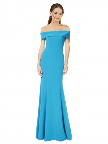 Peacock Blue Stretch Crepe Off the Shoulder Long Sleeveless Formal Dress / Bridesmaid Dress Southampton
