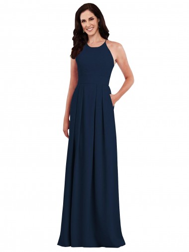 Open Back Dark Navy Stretch Crepe Halter Neck Long Sleeveless Semi Formal Evening Dress / Bridesmaid Dress Southampton