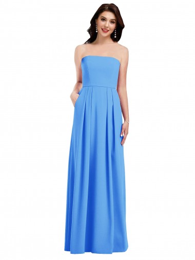 Low Back Peacock Blue Stretch Crepe Strapless Long Sleeveless Semi Formal Evening Dress / Prom Dress / Bridesmaid Dress Southampton