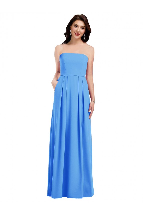 Low Back Peacock Blue Stretch Crepe Strapless Long Sleeveless Semi Formal Evening Dress / Prom Dress / Bridesmaid Dress Southampton