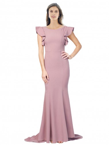 V-Back Stretch Crepe Round Neck Sweep Train Flutter Sleeves Formal Evening Gown / Prom Dress / Bridesmaid Dress Southampton