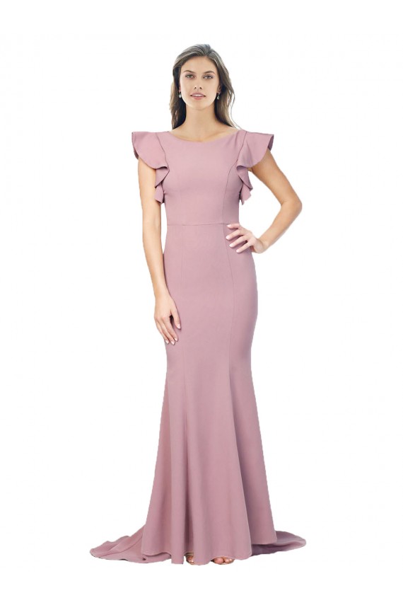V-Back Stretch Crepe Round Neck Sweep Train Flutter Sleeves Formal Evening Gown / Prom Dress / Bridesmaid Dress Southampton