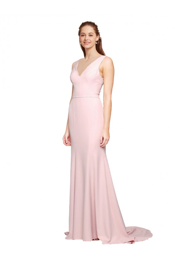 V-Back Stretch Crepe V-Neck Sweep Train Sleeveless Black Tie Evening Dress / Prom Dress / Bridesmaid Dress Southampton