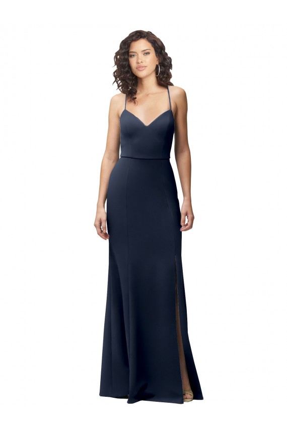 Open Back Dark Navy Stretch Crepe Spaghetti Straps Long Sleeveless Formal Evening Gown / Prom Dress / Bridesmaid Dress Southampton