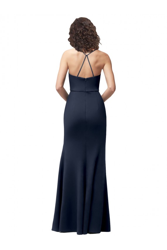 Open Back Dark Navy Stretch Crepe Spaghetti Straps Long Sleeveless Formal Evening Gown / Prom Dress / Bridesmaid Dress Southampton