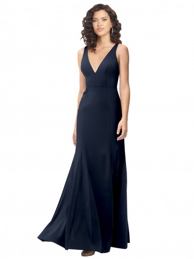 V-Back Dark Navy Stretch Crepe V-Neck Long Sleeveless Formal Dress / Bridesmaid Dress Southampton