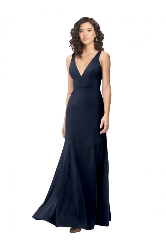V-Back Dark Navy Stretch Crepe V-Neck Long Sleeveless Formal Dress / Bridesmaid Dress Southampton