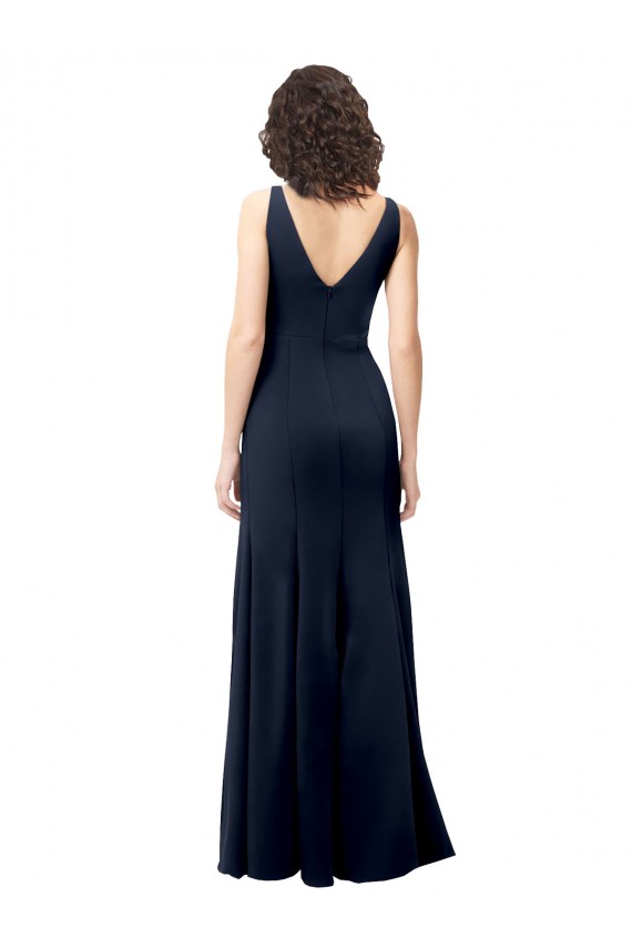 V-Back Dark Navy Stretch Crepe V-Neck Long Sleeveless Formal Dress / Bridesmaid Dress Southampton