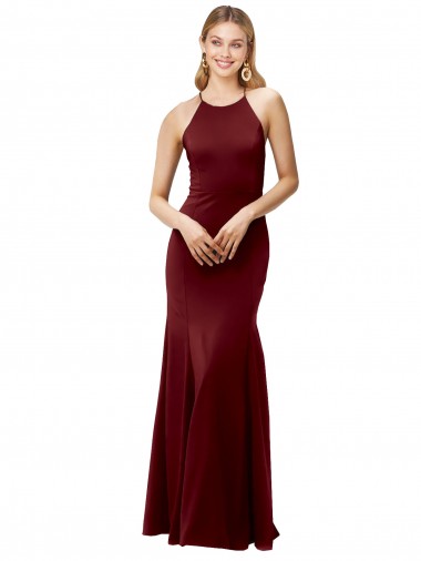 Open Back Burgundy Gold Stretch Crepe Halter Neck Long Sleeveless Formal Evening Gown / Prom Dress / Bridesmaid Dress Southampton