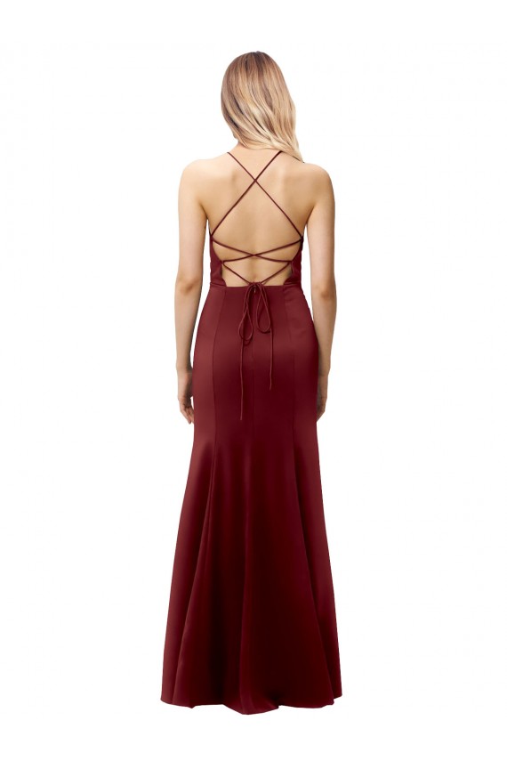 Open Back Burgundy Gold Stretch Crepe Halter Neck Long Sleeveless Formal Evening Gown / Prom Dress / Bridesmaid Dress Southampton