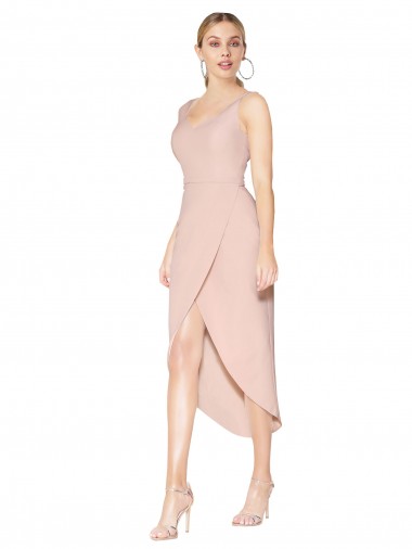 V-Back Stretch Crepe Spaghetti Straps Knee Length Sleeveless High Low Evening Gown / Prom Dress / Bridesmaid Dress Southampton
