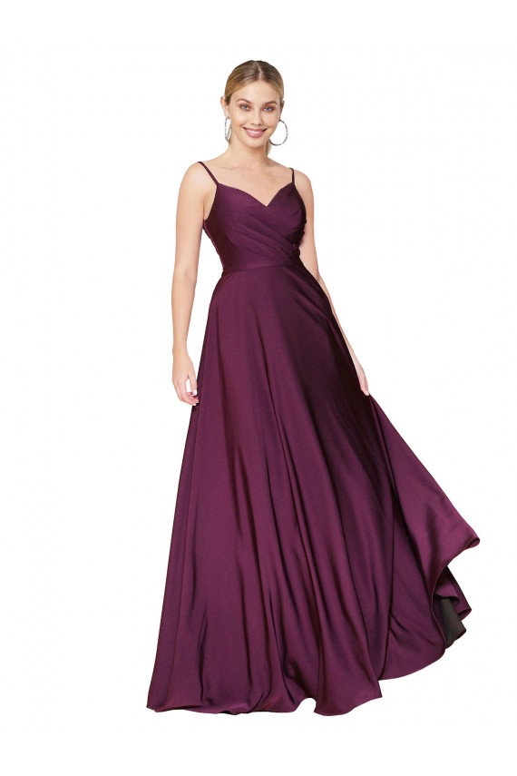 V-Back Wild Berry Stretch Crepe Spaghetti Straps Long Sleeveless Formal Evening Gown / Prom Dress / Bridesmaid Dress Southampton