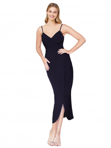 V-Back Stretch Crepe Spaghetti Straps Knee Length Sleeveless Formal Dress / Bridesmaid Dress Southampton