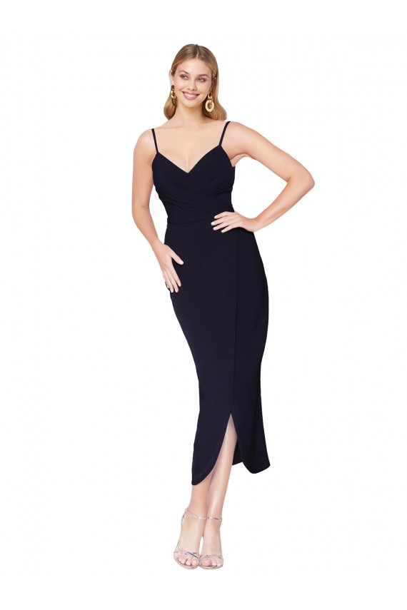 V-Back Stretch Crepe Spaghetti Straps Knee Length Sleeveless Formal Dress / Bridesmaid Dress Southampton
