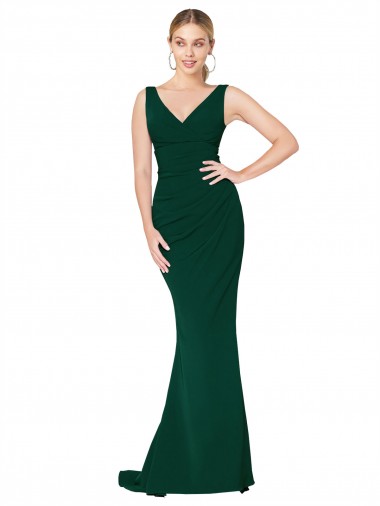 Midnight Green Stretch Crepe V-Neck Long Sleeveless Formal Evening Gown / Prom Dress / Bridesmaid Dress Southampton
