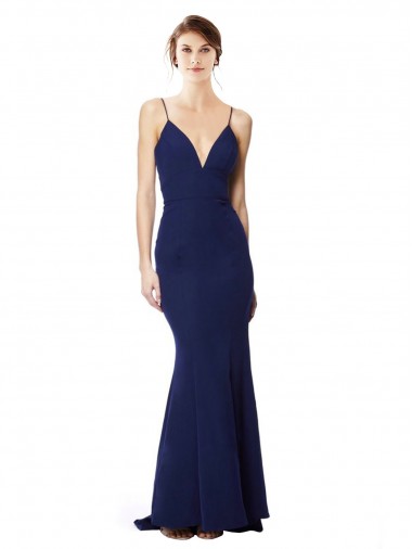 Open Back Stretch Crepe Spaghetti Straps Long Sleeveless Formal Dress / Bridesmaid Dress Southampton