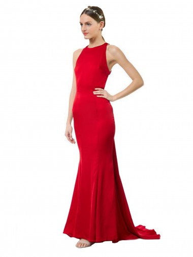 Open Back Red Stretch Crepe Halter Neck Long Sleeveless Formal Evening Gown / Bridesmaid Dress Southampton