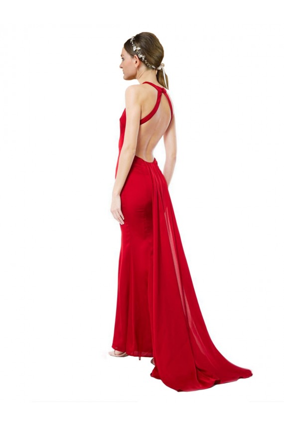 Open Back Red Stretch Crepe Halter Neck Long Sleeveless Formal Evening Gown / Bridesmaid Dress Southampton