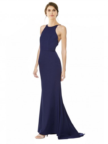 Open Back Navy Blue Stretch Crepe Halter Neck Long Sleeveless Formal Evening Gown / Prom Dress / Bridesmaid Dress Southampton