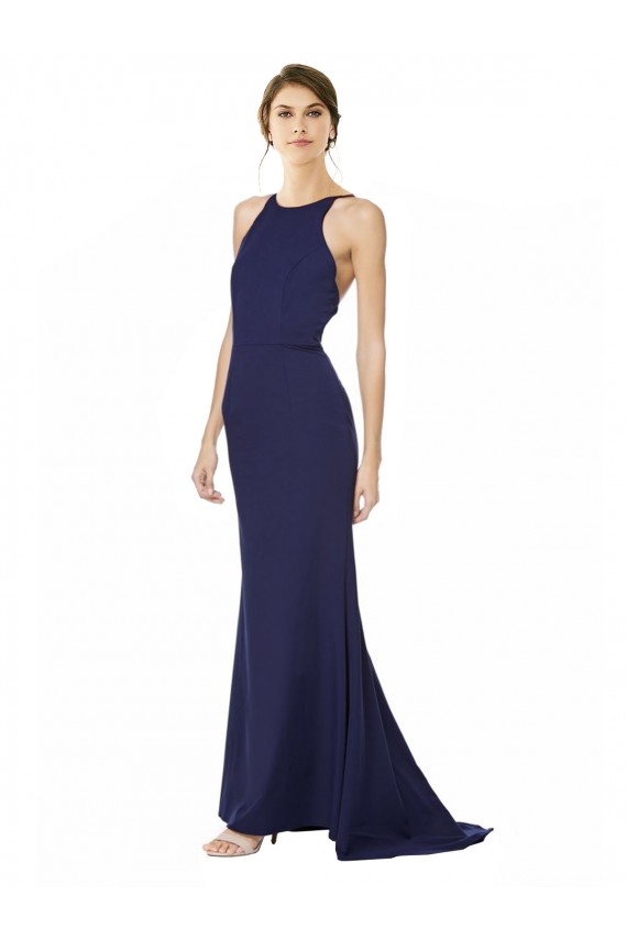 Open Back Navy Blue Stretch Crepe Halter Neck Long Sleeveless Formal Evening Gown / Prom Dress / Bridesmaid Dress Southampton