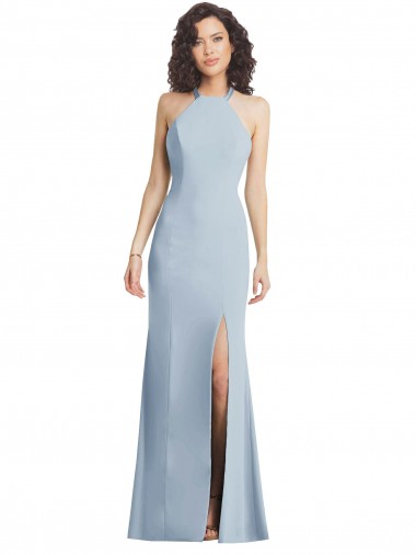 Open Back Light Sky Blue Stretch Crepe Halter Neck Long Sleeveless Formal Evening Gown / Prom Dress / Bridesmaid Dress Southampton