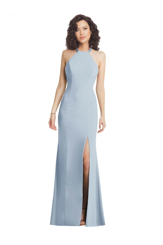 Open Back Light Sky Blue Stretch Crepe Halter Neck Long Sleeveless Formal Evening Gown / Prom Dress / Bridesmaid Dress Southampton