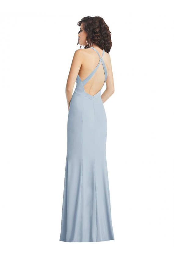 Open Back Light Sky Blue Stretch Crepe Halter Neck Long Sleeveless Formal Evening Gown / Prom Dress / Bridesmaid Dress Southampton